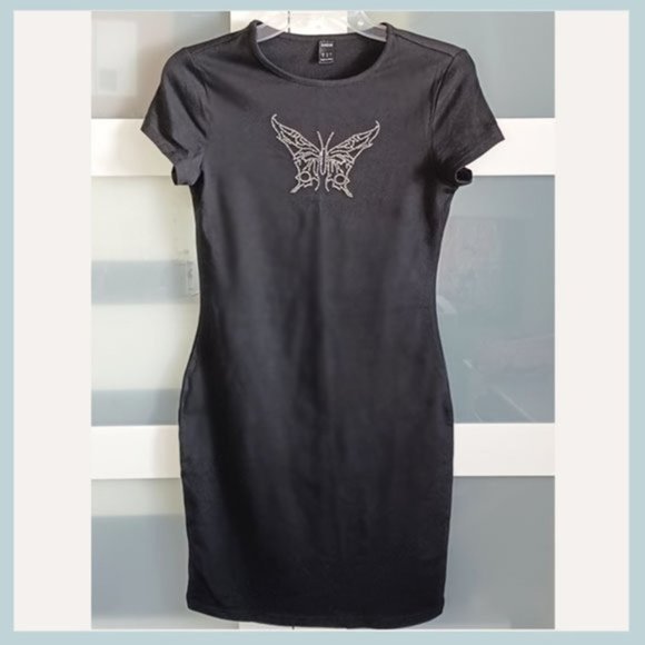 SHEIN Black Butterfly T Shirt Dress, Rhinestone Butterfly Dress - Picture 2 of 5